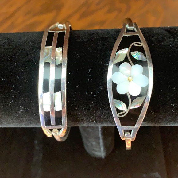Vintage Mother of Pearl & Onyx Silver Band Bracelets. Made in Mexico - Picture 1 of 4